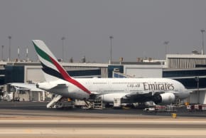 An Emirates Airlines Airbus A380 is parked at Cairo International Airport, Egypt October 17, 2024; illustrative.