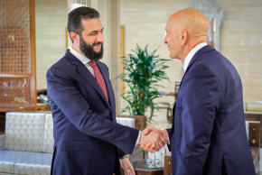 Syrian President Ahmed al-Sharaa meets US Special Envoy Tom Barrack in Damascus, Syria, December 1, 2025.