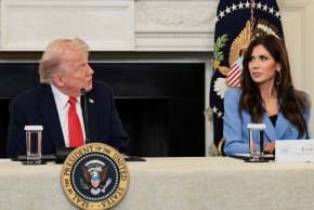 US President Donald Trump looks at US Homeland Security Secretary Kristi Noem as he participates in a roundtable on antifa, at the White House, October 8, 2025; illustrative.