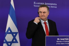 Defense Minister Israel Katz gestures during joint statements to the press with Greek counterpart Nikos Dendias in Athens, Greece, January 20, 2026