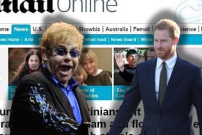 Elton John (izquierda) y el príncipe Harry sobre una captura de pantalla del Daily Mail. 