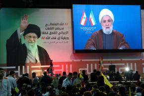 Hezbollah leader Naim Qassem gives a televised address during a rally in solidarity with Iran and Iran's Supreme Leader Ayatollah Ali Khamenei, at Beirut's southern suburbs, Lebanon January 26, 2026
