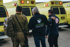 REPRESENTATIVES FROM the International Fellowship of Christians and Jews, Magen David Adom, and COGAT at the delivery of ambulances at the Syrian border. 
