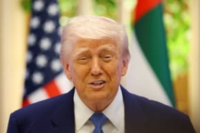US President Donald Trump attends a business forum at Qasr Al Watan during the final stop of his Gulf visit, in Abu Dhabi, United Arab Emirates, May 16, 2025.
