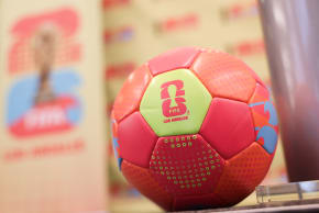 The FIFA 26 Los Angeles logo is displayed on a soccer ball during the Los Angeles World Cup 2026.