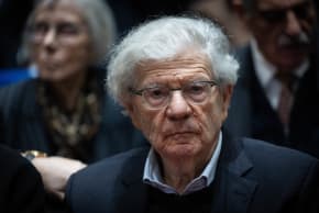 Former President of the Supreme Court Aharon Barak attends the swearing in ceremony of Justice Isaac Amit as president of the Supreme Court, at the president residence in Jerusalem, February 13, 2025. 