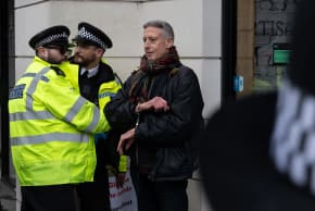 Activist Peter Tatchell is arrested a during a national march for Palestine on January 31, 2026 in London, England.