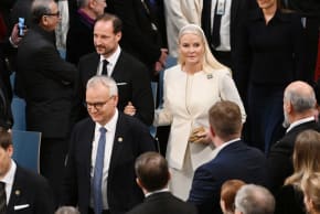 Crown Prince Haakon and Crown Princess Mette- Marit attend the Nobel Peace Prize ceremony where Venezuelan politician Maria Corina Machado is the recipient of this years Nobel Peace Prize at Oslo City Hall on December 10, 2025 in Oslo, Norway.