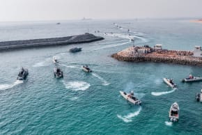 Islamic Revolutionary Guard Corps (IRGC) Navy's speedboats move during an exercise in Abu Musa Island, in this picture obtained on August 2, 2023