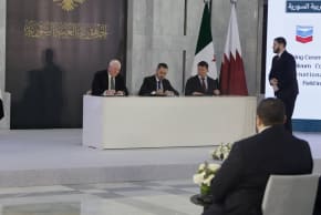 YUSUF QABLAWI, CEO of the Syrian Petroleum Company, Frank Mount, head of Corporate Business Development at Chevron, and Erik Keskula, CEO of Power International Holding, sign a memorandum of understanding to develop an offshore oil and gas field for Syria.