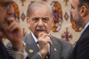 Pakistani Prime Minister Shehbaz Sharif grimaces prior to a bilateral meeting, on December 12, 2025 in Ashgabat, Turkmenistan. Putin arrived in Turkmenistan to participate in the Forum dedicated to the International Year of Peace and Trust