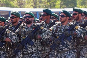 Soldiers march during a military parade to mark the Iran's annual Army Day in Tehran on April 18, 2025.