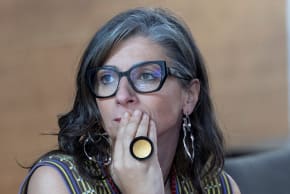 United Nations Special Rapporteur Francesca Albanese listens during a conference on "A Cartography of Genocide: Israel's Conduct in Gaza since October 2023", an investigative project on Israeli-Palestinian conflict, at the Roma Tre University, in Rome, Italy, October 6, 2025.