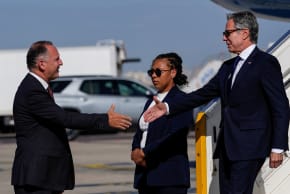 Gil Haskel welcomes U.S. Secretary of State Antony Blinken he arrives in Tel Aviv, Israel, October 22, 2024.