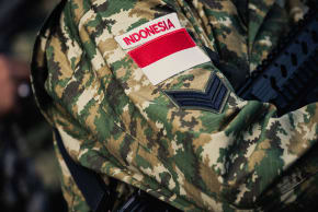 A patch with Indonesia and an Indonesian flag on the arm of an Indonesian soldier during the preparation of the annual Bastille Day military parade on the Champs Elysees avenue in Paris France on July 14, 2025. 