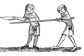 Target practice for jousting: consisting of a cross-bar turning upon a pivot with a broad part to strike against. Illustration after a manuscript in the Bodleian Library at Oxford. An engraving from The Sports and Pastimes of the people of England, by Joseph Strutt, (London, 1833).
