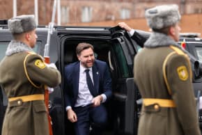 US Vice President JD Vance gets out of a car before boarding Air Force Two upon departure for Azerbaijan, at Zvartnots International Airport in Yerevan, Armenia, February 10, 2026.