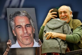 An illustrative image of Jeffrey Epstein and Peter Yarrow set to a background of Israeli and Palestinian flags.