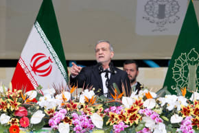 Iranian President Masoud Pezeshkian speaks during the 47th anniversary of the Islamic Revolution in Tehran, Iran, February 11, 2026.