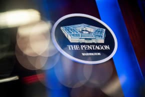  The Pentagon logo is seen behind the podium in the briefing room at the Pentagon in Arlington, Virginia, US, January 8, 2020.