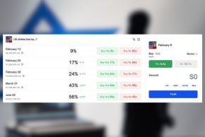 Polymarket betting on Israel striking Iran over an illustrative image of an Israeli hacker.