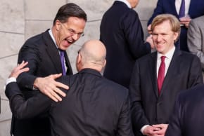 NATO Secretary General Mark Rutte speaks with Greece's Defencee Minister Nikolaos Dendias next to US Undersecretary of Defence for Policy Elbridge Colby as they take part in a family photo with NATO Defence Ministers at the Alliance headquarters in Brussels, Belgium February 12, 2026. 