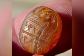 An 8th century stone seal believed to have belong to a high-ranking official of the biblical Kingdom of Judah. The inscription reads: “Belonging to Makhach (son of) Amihai." Picture released on February 12, 2026.