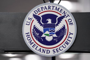 FILE PHOTO: The US Department of Homeland Security seal is displayed at the FEMA National Response Coordination Center in Washington, DC, January 24, 2026.