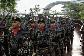 Members of the Indonesian Army walk towards the Ceremonial Plaza before a ceremony marking Indonesia's 80th Independence Day in Indonesia's future capital Nusantara in East Kalimantan on August 17, 2025.