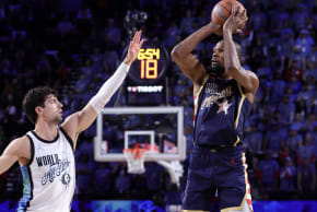 Kevin Durant #7 of the Houston Rockets and Team USA Stripes shoots against Deni Avdija #8 of the Toronto Raptors and Team World during the 75th NBA All-Star Game at Intuit Dome on February 15, 2026 in Inglewood, California.