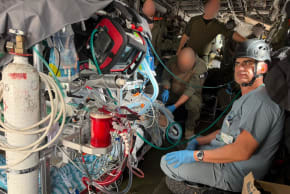 A military helicopter and medical staff from Soroka and Joseftal hospitals evacuate a patient connected to an ECMO machine, February 14, 2026.