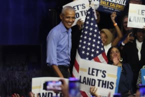  Former President Barack Obama takes the stage during a "Get Out the Vote" rally for New Jersey Democratic gubernatorial candidate, US Rep. Mikie Sherrill (D-NJ) at Essex County College Gymnasium on November 01, 2025 in Newark, New Jersey. 