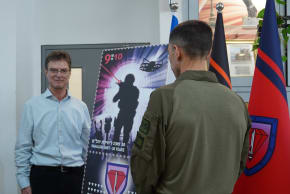 David Laron, CEO of Israel Post, and the commander of the Yahalom Unit, Col. A., at the ceremony unveiling the stamp marking 30 years of service and valor for the Israel Defense Forces Combat Engineering Corps’ elite unit.