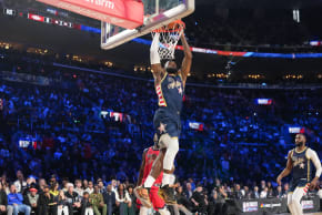 Feb 15, 2026; Inglewood, California, USA; Team USA Stripes forward LeBron James (23) of the Los Angeles Lakers dunks the ball in game four against Team Stars during the 75th NBA All Star Game at Intuit Dome.