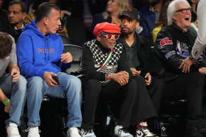 Feb 15, 2026; Inglewood, California, USA; Spike Lee and John Tesh watch during the 75th NBA All Star Game at Intuit Dome.