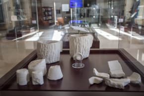 Newly discovered limestone shards and vessels on display in the new "Criminal Past" exhibit at the Jay and Jeanie Schottenstein National Campus for the Archaeology of Israel, February 16, 2026.