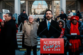 NYC Mayor Zohran Mamdani delivers a speech to members of the New York State Nurses Association union, next to U.S. Senator Bernie Sanders (I-VT), during a picket outside Mount Sinai West in New York City, US, January 20, 2026.