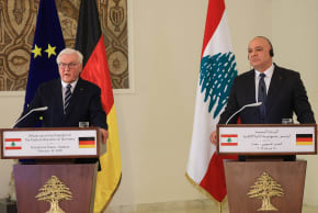 German President Frank-Walter Steinmeier and Lebanese President Joseph Aoun address the media during a press conference at the presidential palace in Baabda, Lebanon, February 16, 2026.