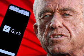 An illustration of Health and Human Services Secretary Robert F. Kennedy Jr. and a Grok AI application on a smartphone.