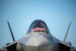 An F-35 pilot prepares for take off from the Vermont Air National Guard Base with the flag of the United States, in South Burlington, Vermont, US, May 22, 2020