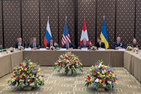 A U.S. delegation led by Special Envoy Steve Witkoff and U.S. President Donald Trump's son-in-law Jared Kushner waits for the start of a meeting on the first day of the third round of trilateral talks between delegates from Ukraine, Russia and the U.S.