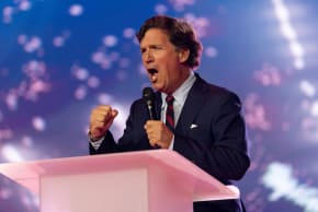 TUCKER CARLSON speaks during AmericaFest, the first Turning Point USA summit since the death of Charlie Kirk, in Phoenix, Arizona, US December 18, 2025. 