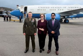 Commander of the US Southern Command Francis L. Donovan, US Charge d'Affaires to Venezuela Laura Farnsworth Dogu and senior Pentagon official Joseph M. Humire pose for a photo in Caracas, Venezuela, February 18, 2026.