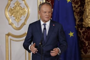 Polish Prime Minister Donald Tusk gives a press statement at the Munich Residence palace, prior to the traditional dinner on the occasion of the Munich Security Conference (MSC), on February 14, 2026 in Munich, southern Germany.