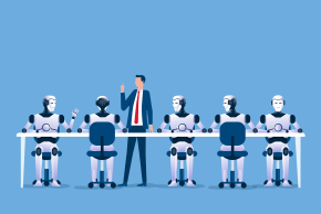 A businessman is seen working alongside a team of robots in this illustrative image of artificial intelligence.