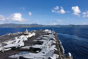 THE WORLD’S largest aircraft carrier, the ‘USS Gerald R. Ford’, arrives in St. Thomas, US Virgin Islands last December.