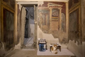 A cat is seen during the excavation and restoration work underway on the exceptional frescoes in the Hall of the Mask and the Peacock, one of the most refined rooms of the Villa of Poppaea at Oplontis, Torre Annunziata, Italy on February 12, 2026.