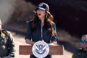 US Secretary of Homeland Security Kristi Noem speaks at the US-Mexico border near Nogales, Arizona, US, February 4, 2026.