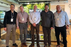 FROM RIGHT: Benny Lev, CEO of Barak 555; Omer David Keilaf, CEO and founder of Innoviz; Yoav Riesel, CEO of Drive Group; Ohad Kopolovich, CFO of Drive Group; and Dr. Yehuda Elmaliah, CEO of Cogniteam. 