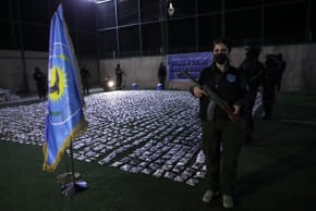KURDISH INTERNAL security forces stand guard after seizing a quantity of captagon pills in Qamishli, Syria, March 25, 2025.